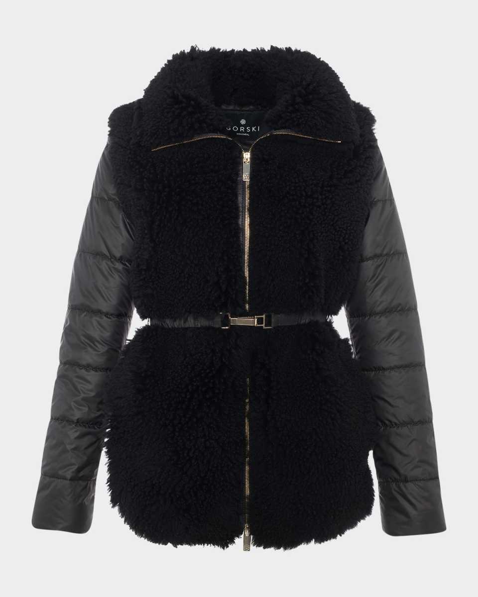 Belted Curly Lamb Shearling Jacket with Quilted Sleeves & Back